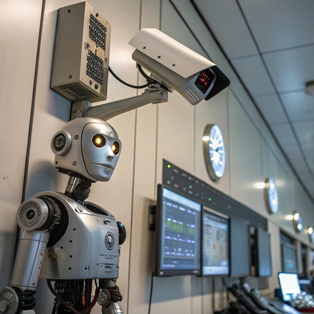 un-robot-mirando-unas-camaras-de-seguridad un-robot-mirando-unas-camaras-de-seguridad