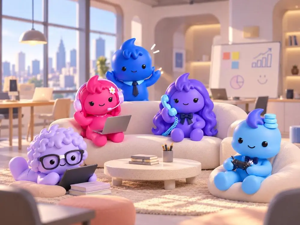 Novaly's five agents (Novi, Vani, Nolia, Valo and Lavi) working together in the office